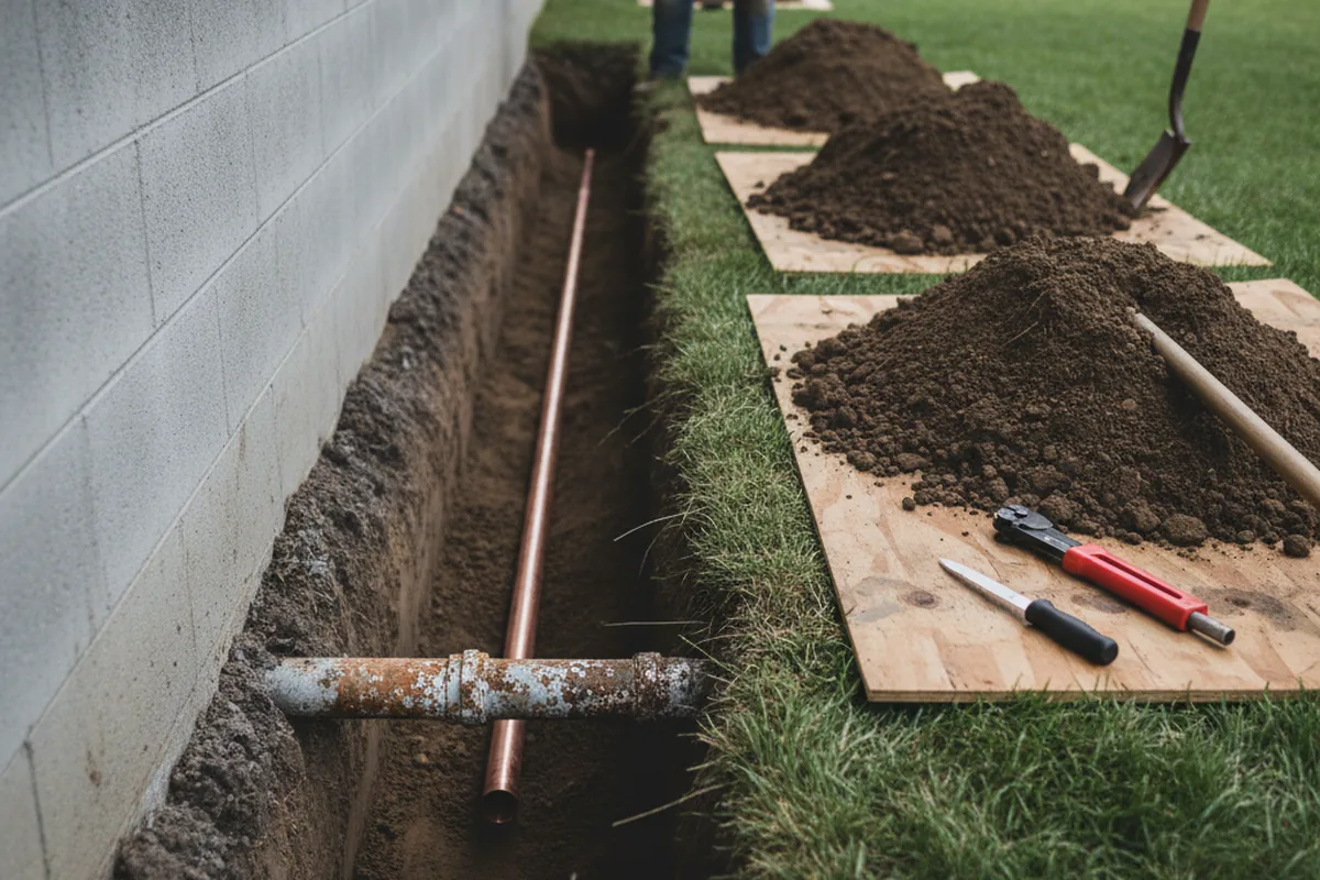 Excavated water line trench during Water Softener Installation in Enola